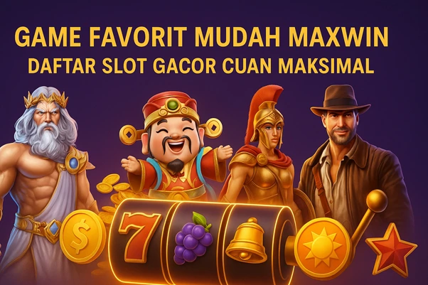 Ilustrasi 3D cinematic slot online menampilkan karakter Zeus, dewa Asia, putri prajurit, dan penjelajah dengan simbol scatter, wild, serta jackpot untuk artikel Game Favorit Mudah Maxwin: Daftar Slot Gacor Cuan Maksimal.